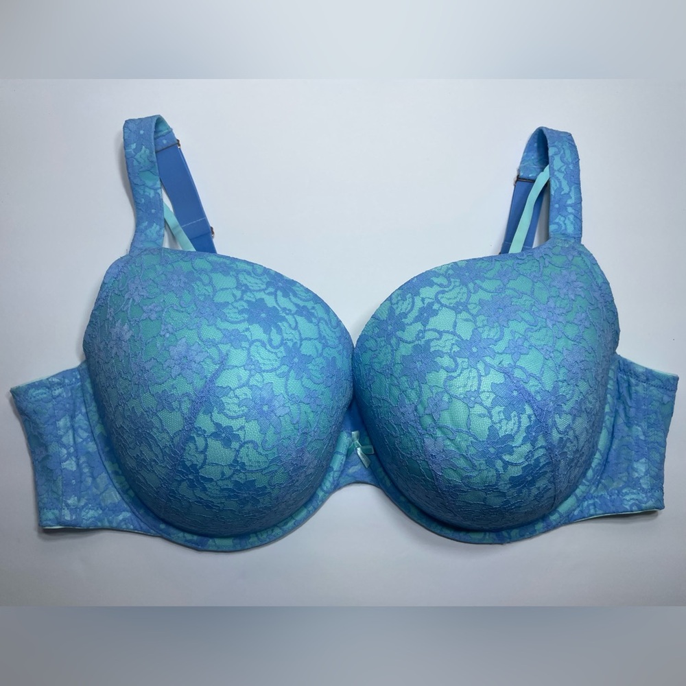 Lane Bryant Cacique Underwire Boost Plunge Lace Overlay Aqua Blue Bra 50D